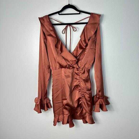 Majorelle X Revolve Dress Nelly Ruffle Surplice Shirred Mini Terracotta Brown S - Picture 2 of 10